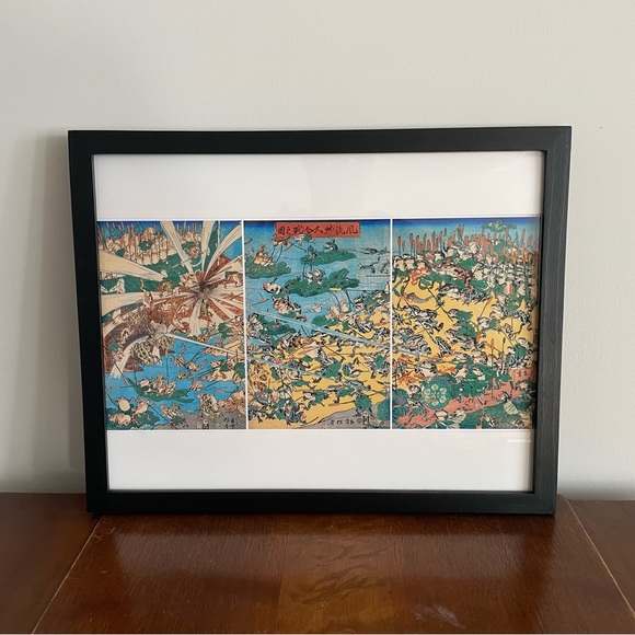 Fashionable Battle of Frogs Japanese Art 15x12 Kyosai Frog Samurai Ukiyoe Art - Picture 1 of 4